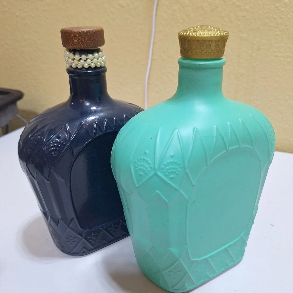Set 2 Painted Crown Royal Bottles Shabby Chic Cottagecore Upcycled Decor